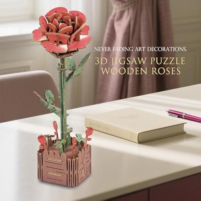 3D WOODEN PUZZLE,ROSE FLOWER WOODEN MODEL KITS FOR ADULTS TO BUILD,ARTIFICIAL FLOWERS FOR DECORATION,HOME DECOR ACCESSORIES LIVING ROOM,GIFTS FOR WOMEN BIRTHDAY DAY (ROSE) - Image 2